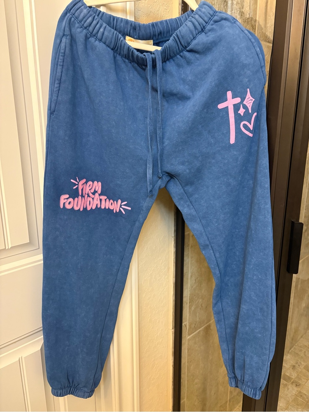 Blue Jogger Sweatpants with Pink Graphic Accents